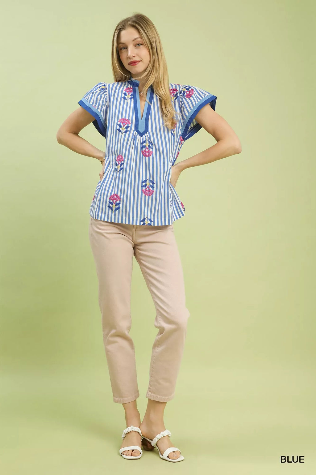 Umgee Embroidered Striped Flutter Sleeve Top