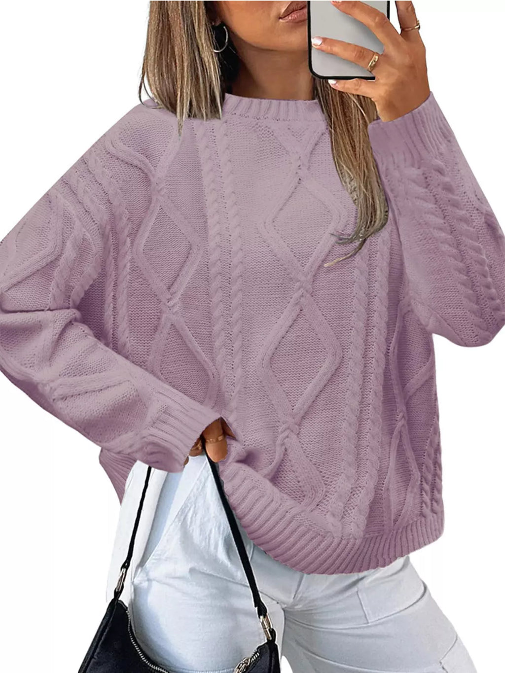 Cable Knit Round Neck Long Sleeve Sweater