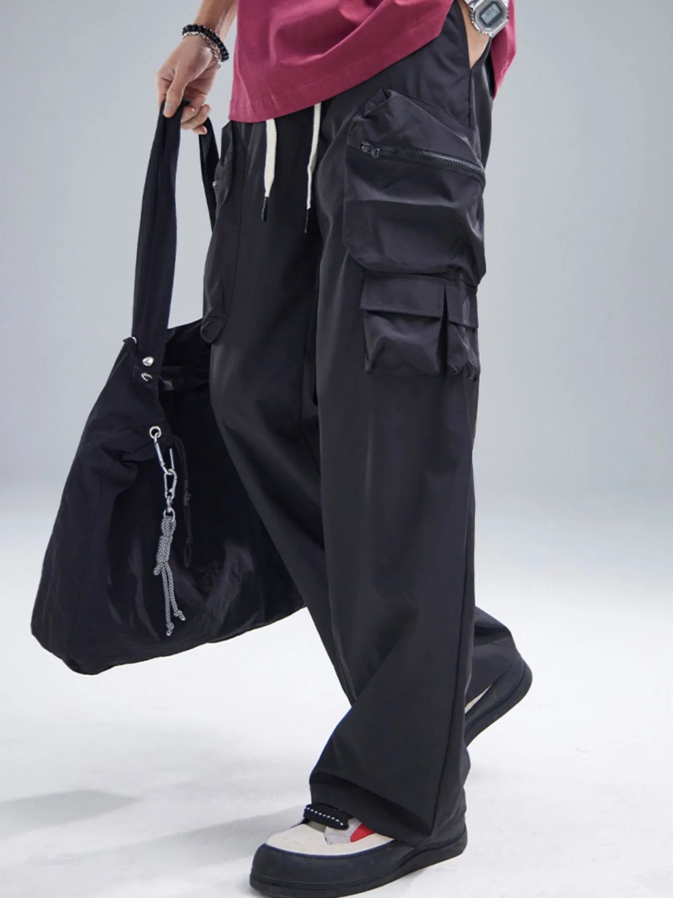 Men's Multi-Pocket Cargo Wide Leg Pants with Drawstring Waist
