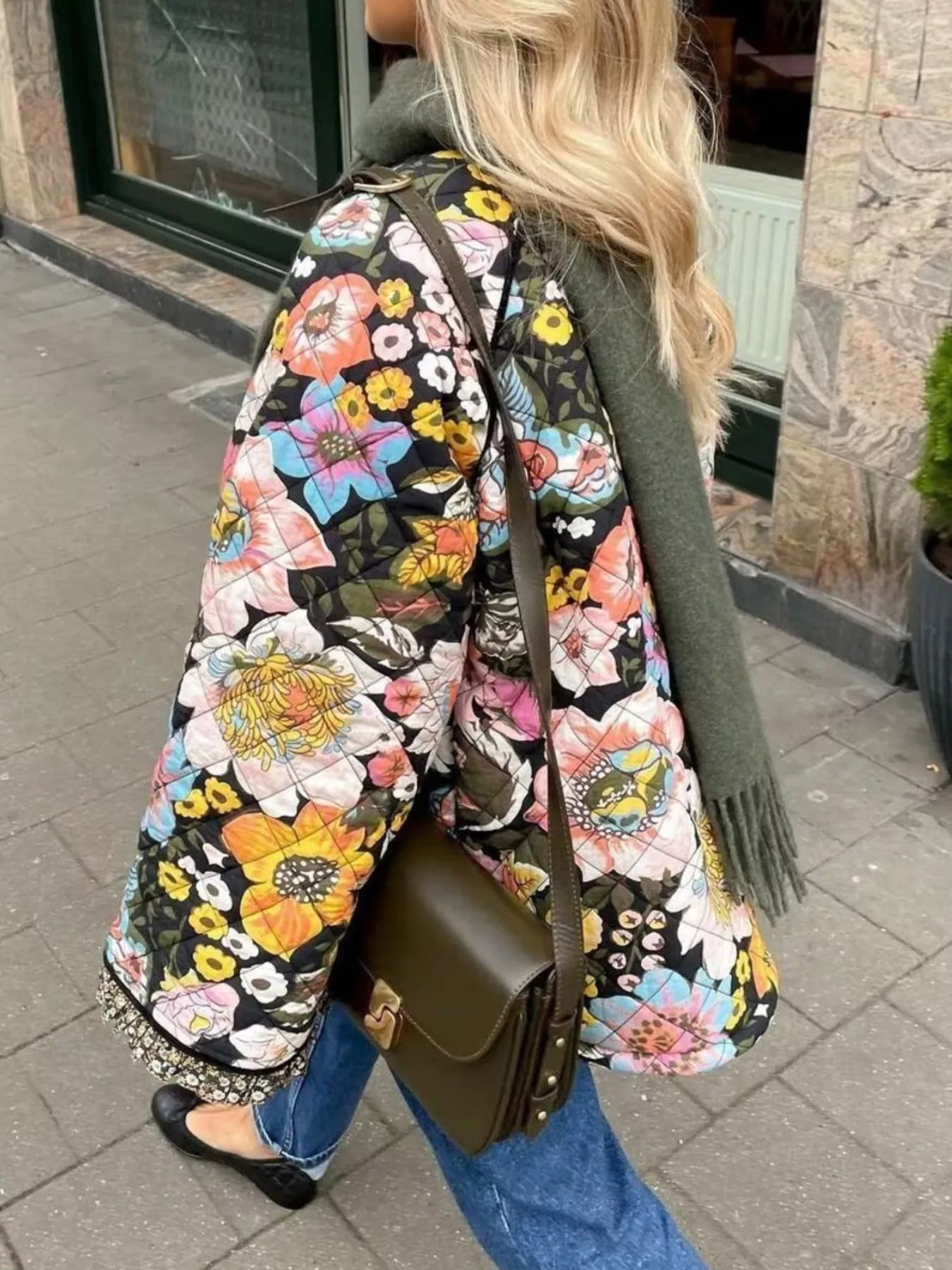 Full Size Floral Print Quilted Sherpa-Lined Jacket Plus Size
