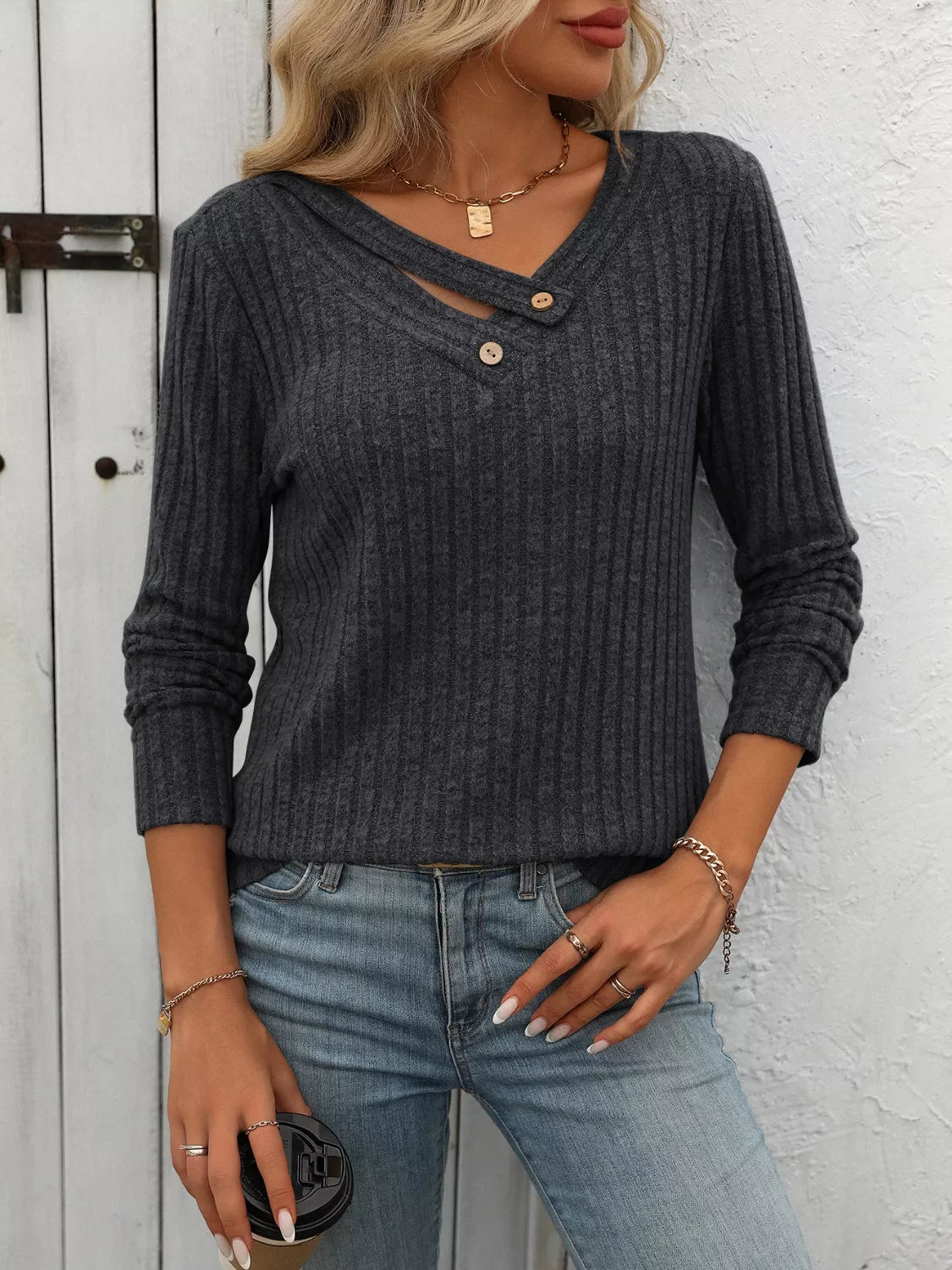 Ribbed Knit Long Sleeve Button Detail T-Shirt