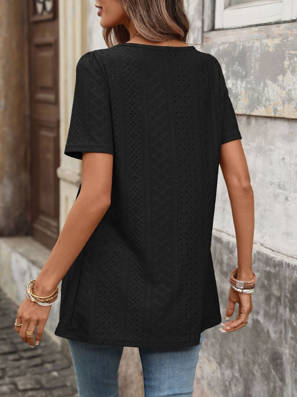 Eyelet Square Neck Short Sleeve Top