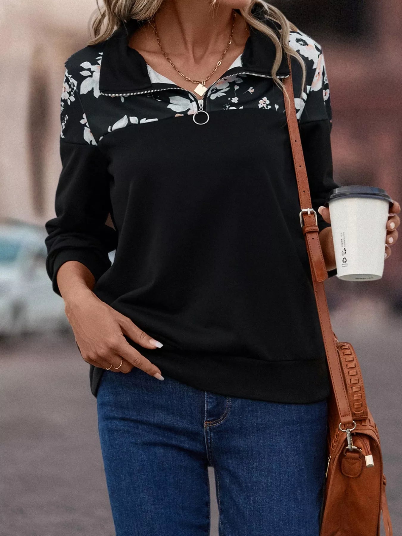 Floral Print Quarter Zip Sweatshirt