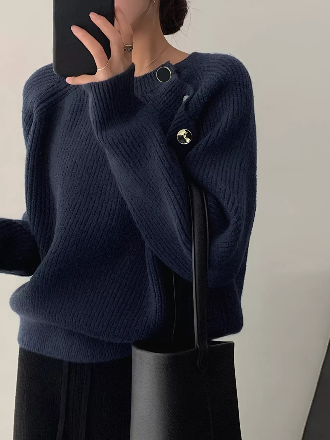 Button-Decorated Round Neck Sweater