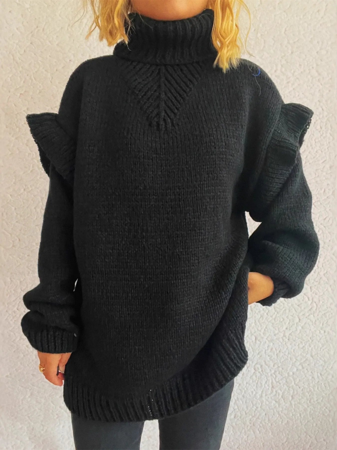 Ruffled Turtleneck Long Sleeve Sweater