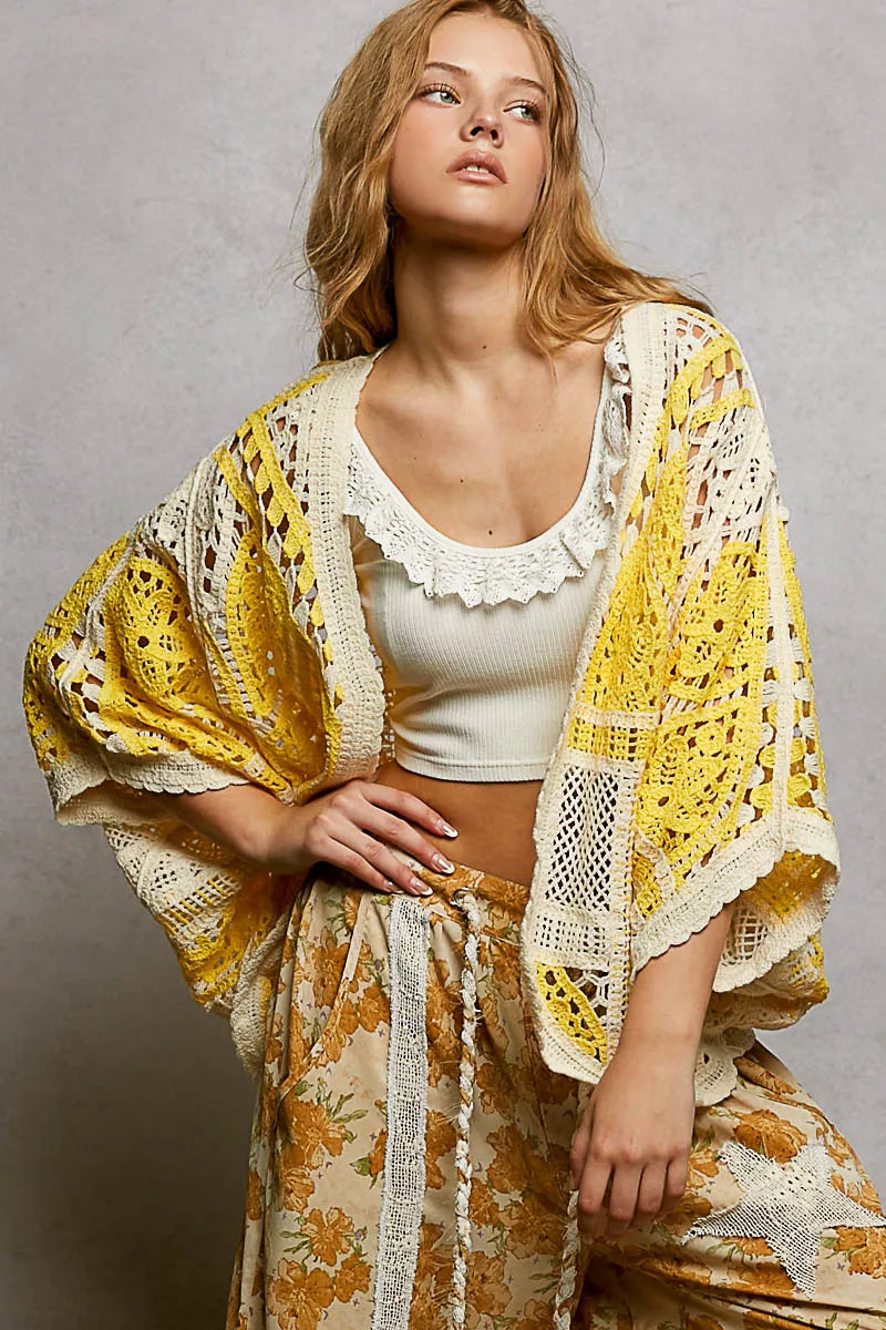 POL Open Front Crochet Cardigan with Scalloped Edge