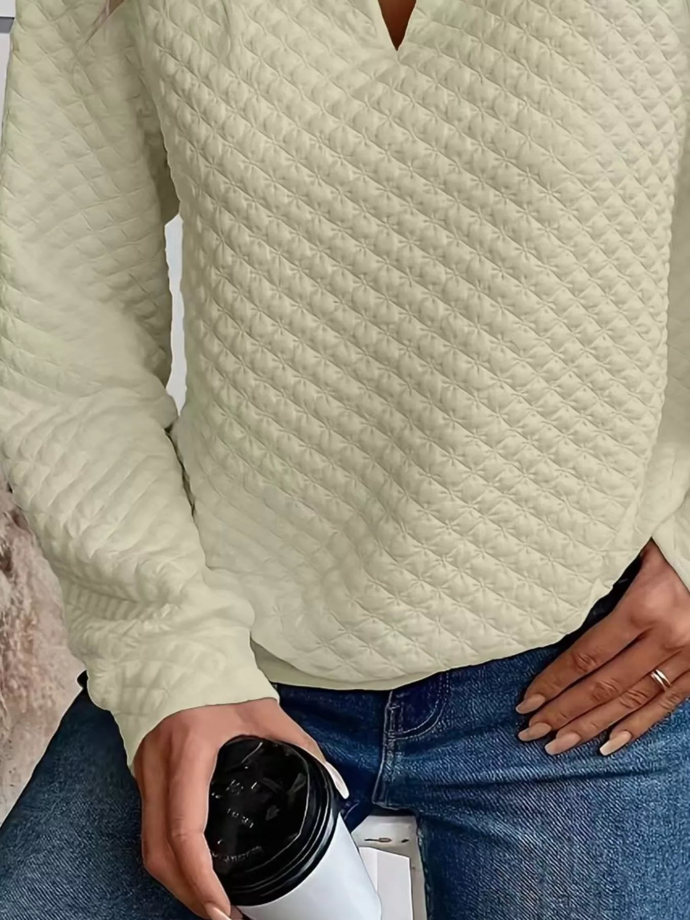 Textured Notched Raglan Sleeve Sweatshirt