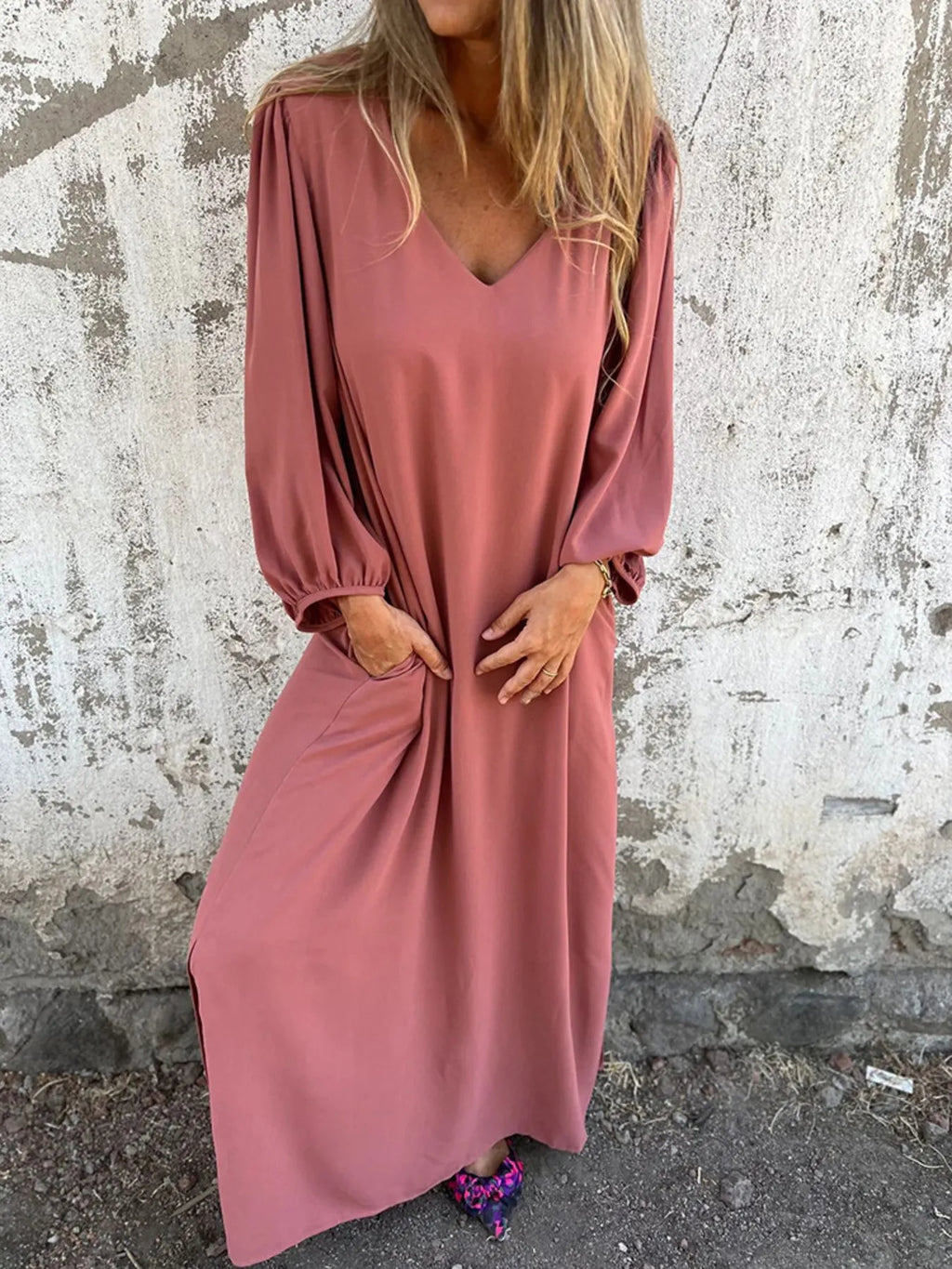 Full Size Slit V-Neck Balloon Sleeve Midi Dress Plus Size