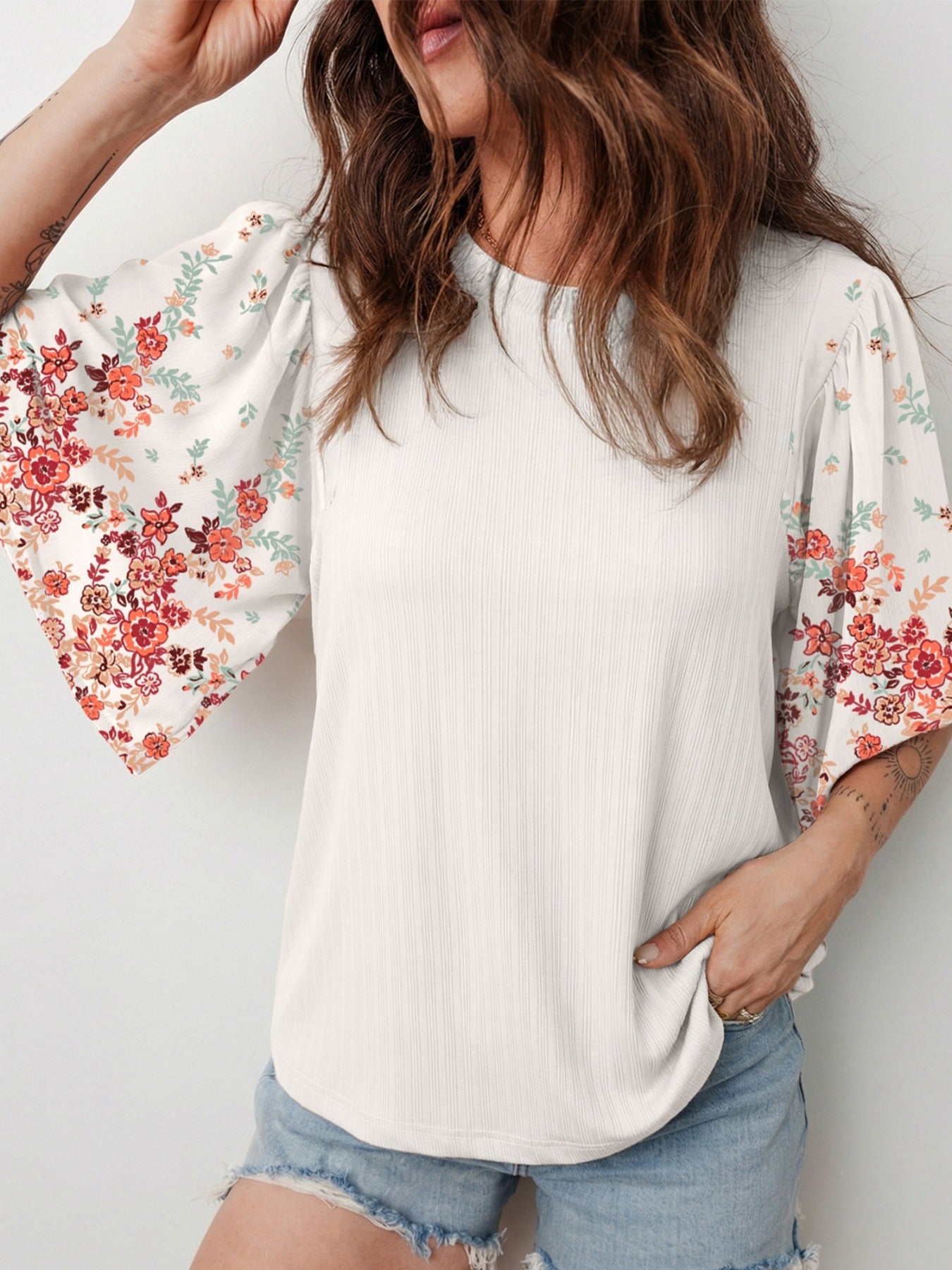 Ribbed Texture Floral Print Half Sleeve Patchwork Top