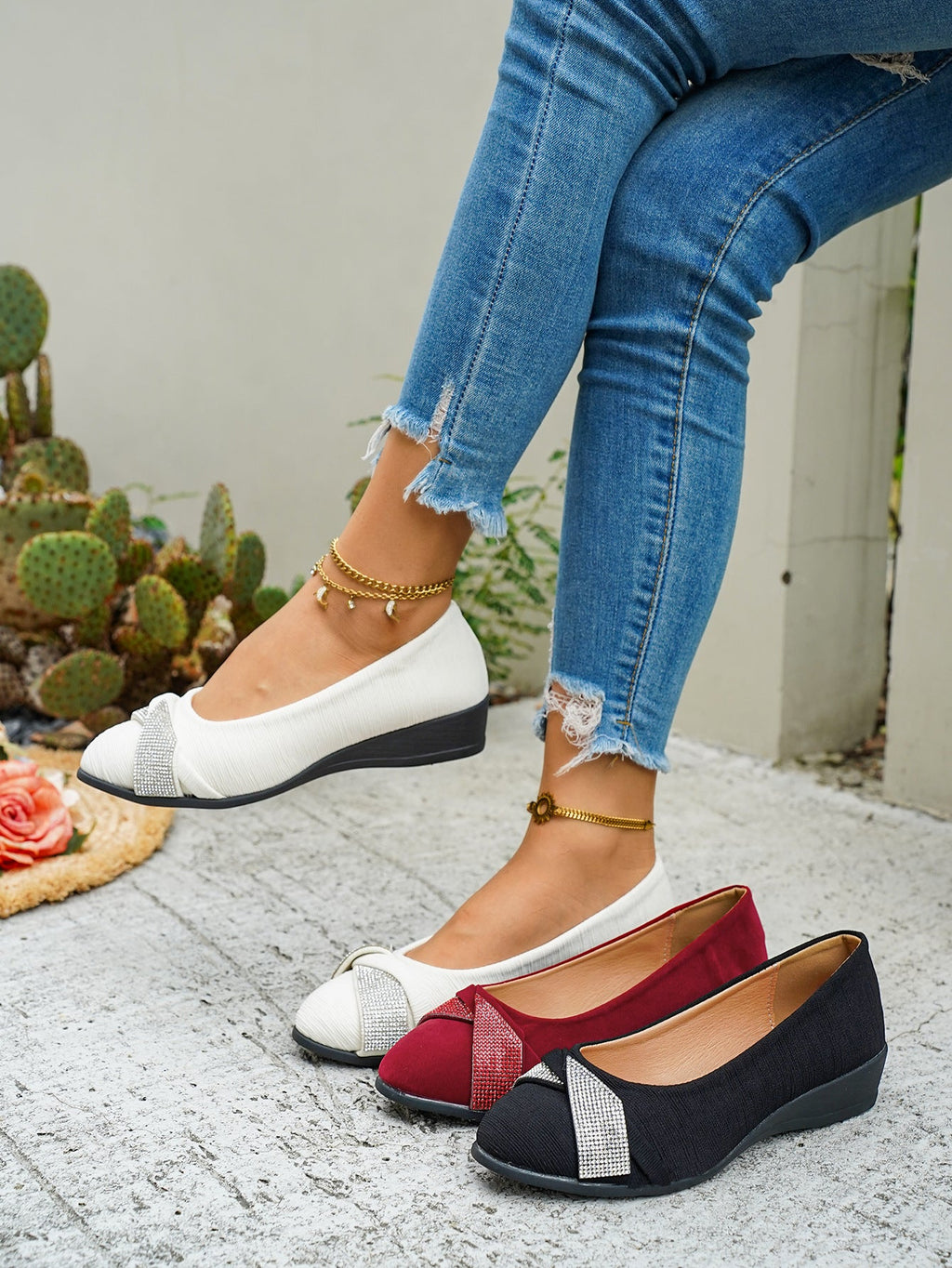 Rhinestone Embellished Wedge Slip-Ons