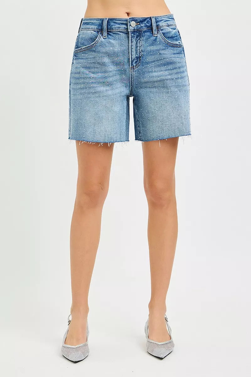 RISEN Slouchy Mid Length All Over Rhinestones Shorts