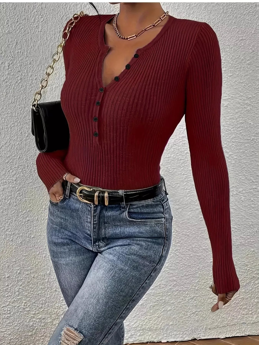 Ribbed Knit Button Front Knit Top