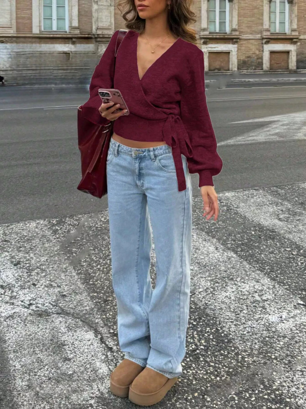 Tie Waist Surplice Sweater