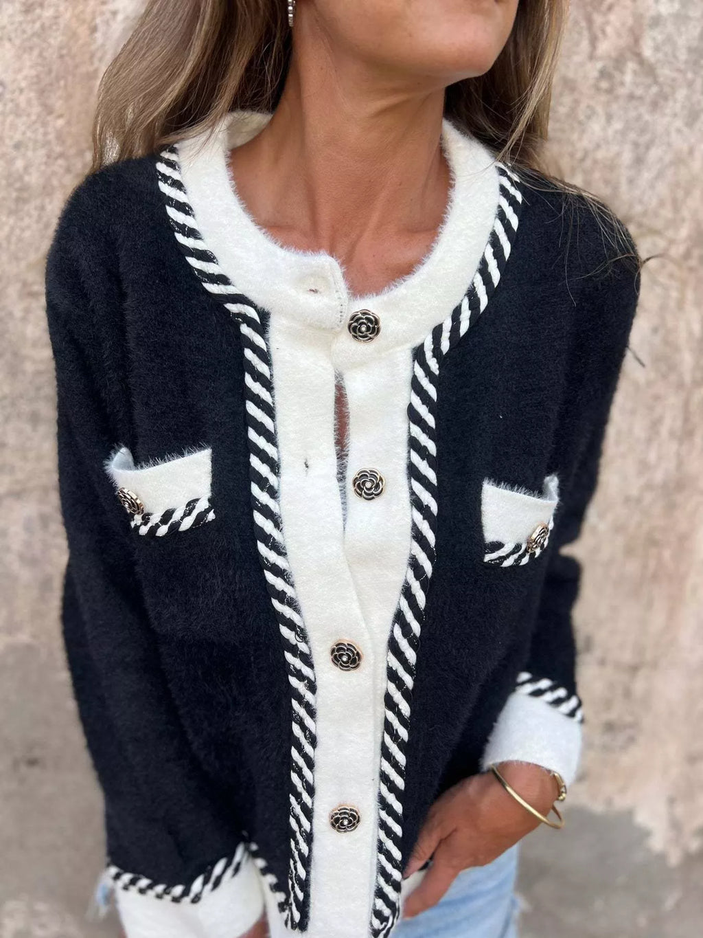 Contrast Trim Button Up Cardigan