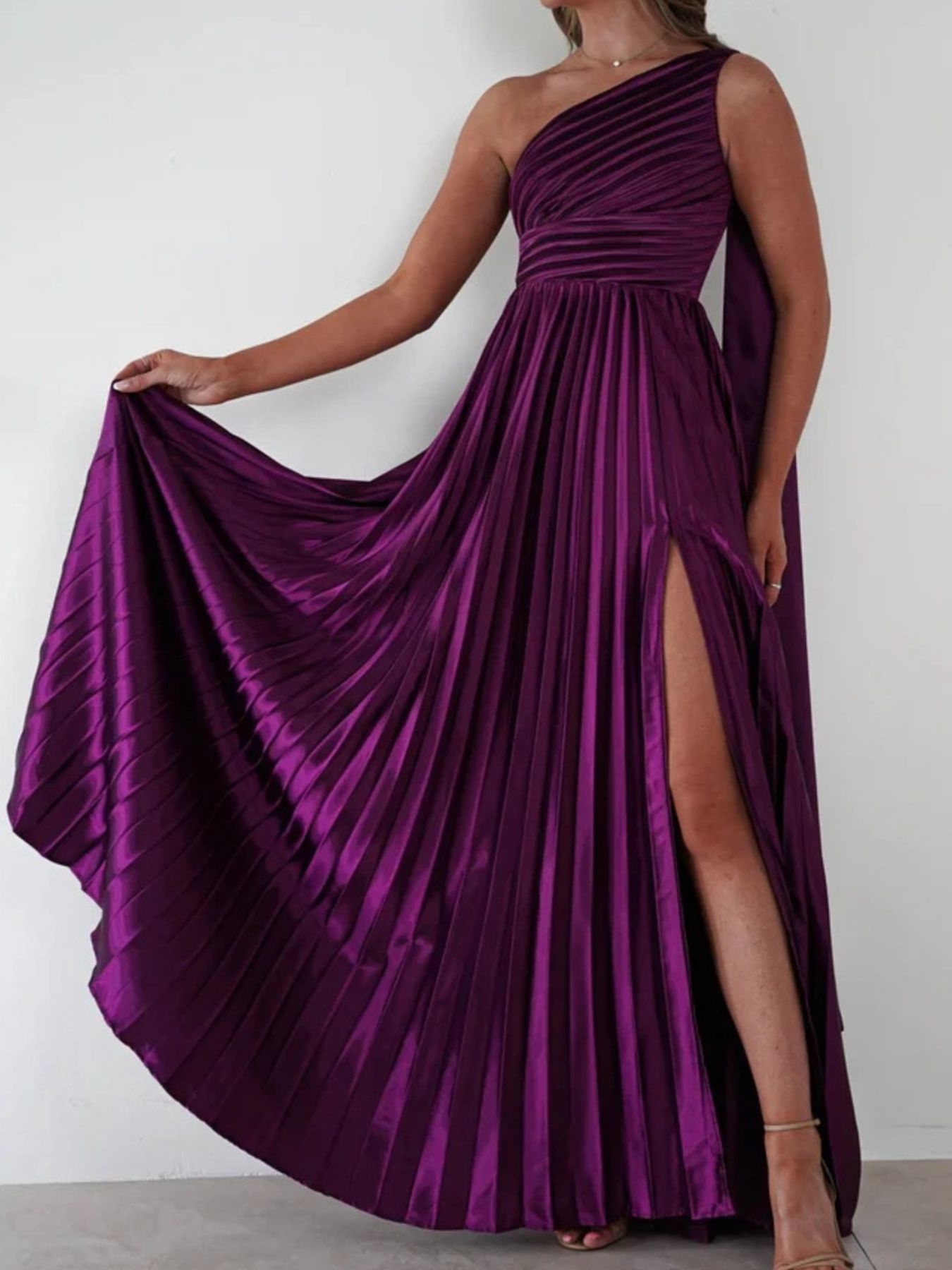 One-Shoulder Pleated Slit Maxi Dress