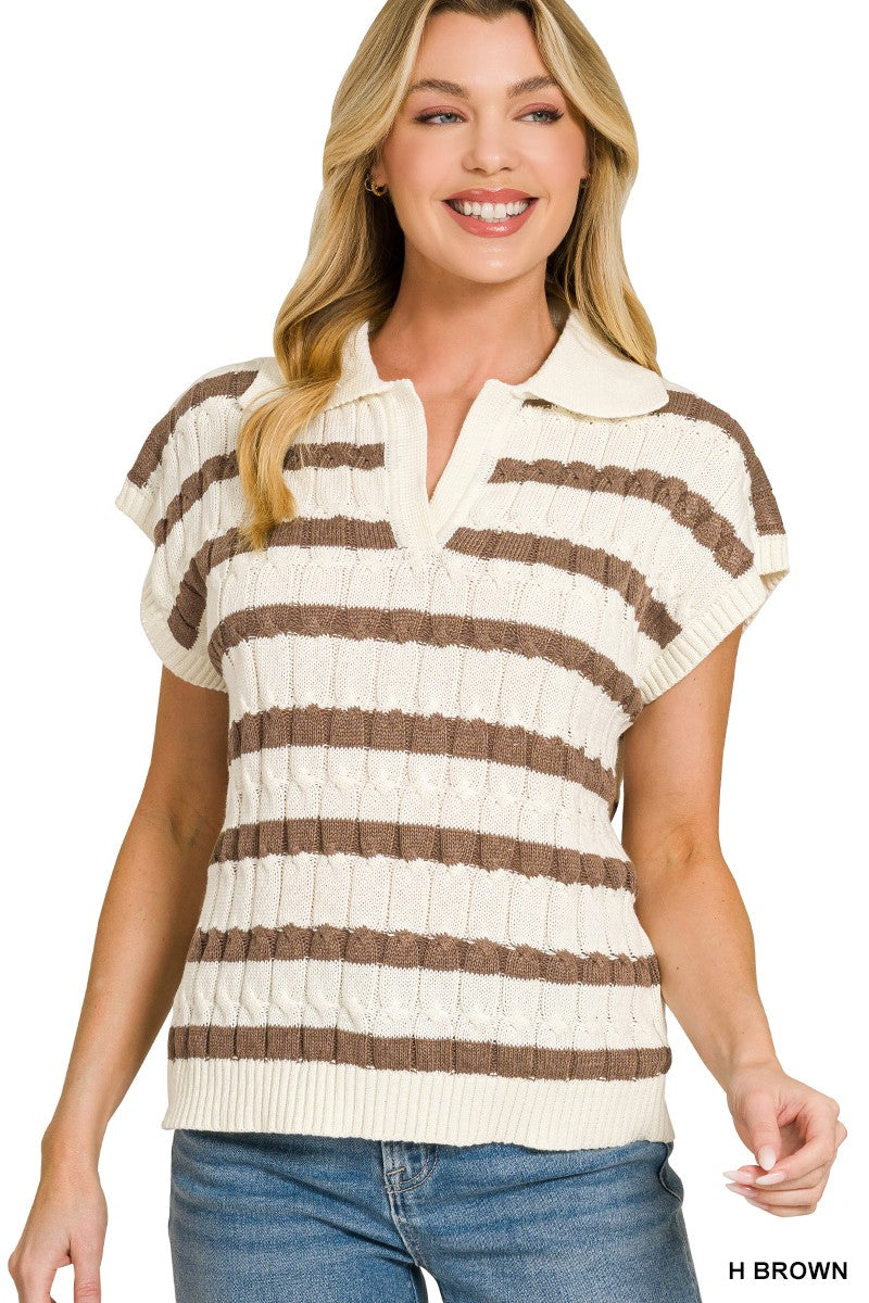 Zenana Textured Stripe Collared Sweater Vest