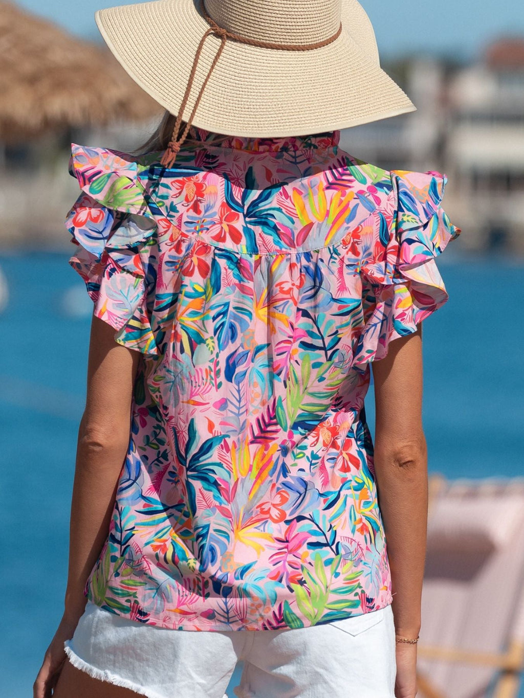 Tropical Floral Print Frilly Notched Neck Ruffled Short Sleeve Blouse