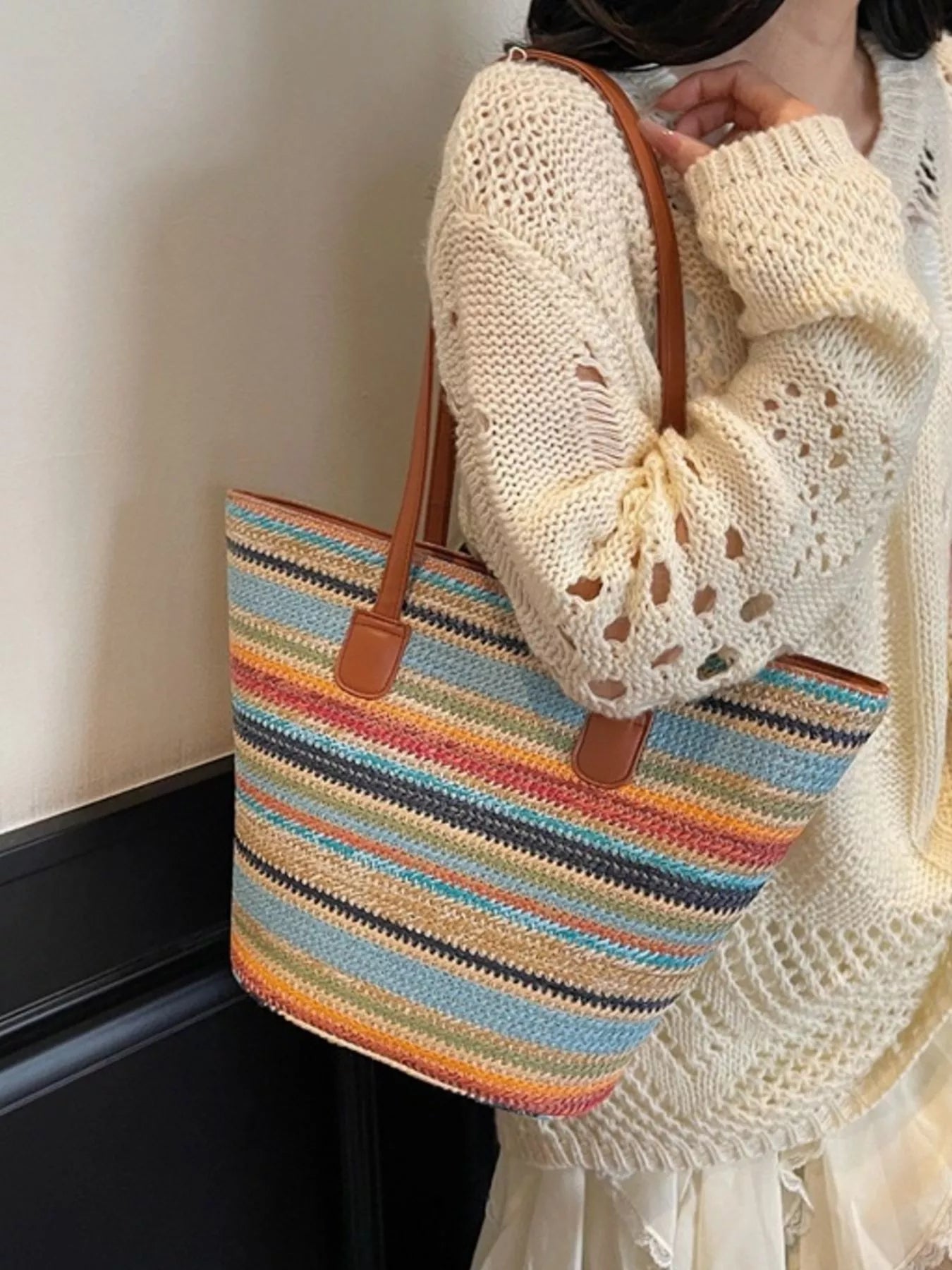 Striped Woven Shoulder Bag