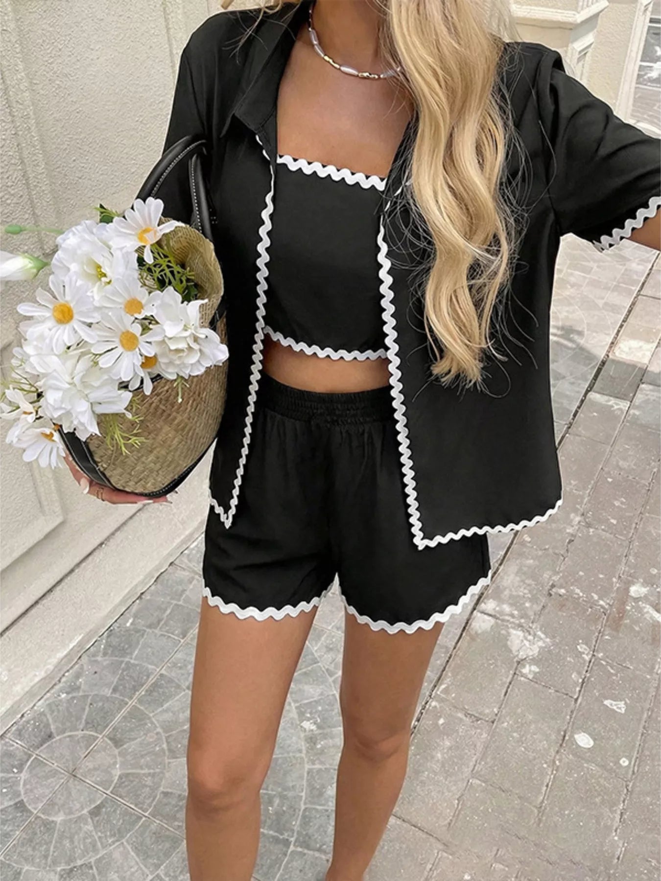 Scalloped Trim Cami & Cardigan & Shorts Set
