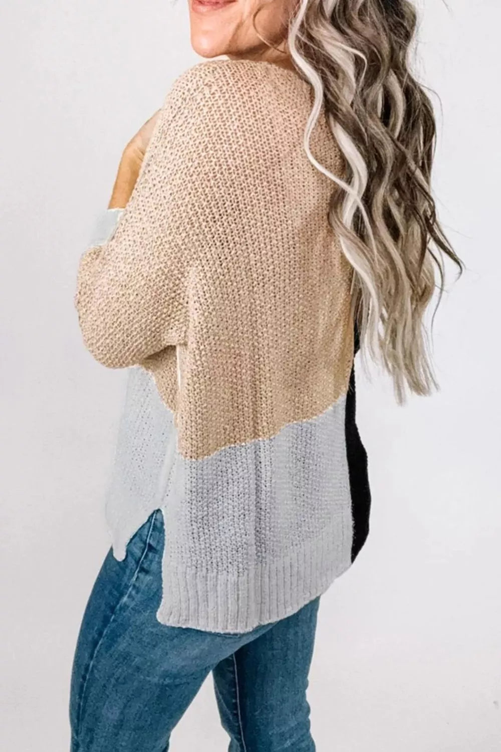 Color Block Knit V Neck Loose Sweater