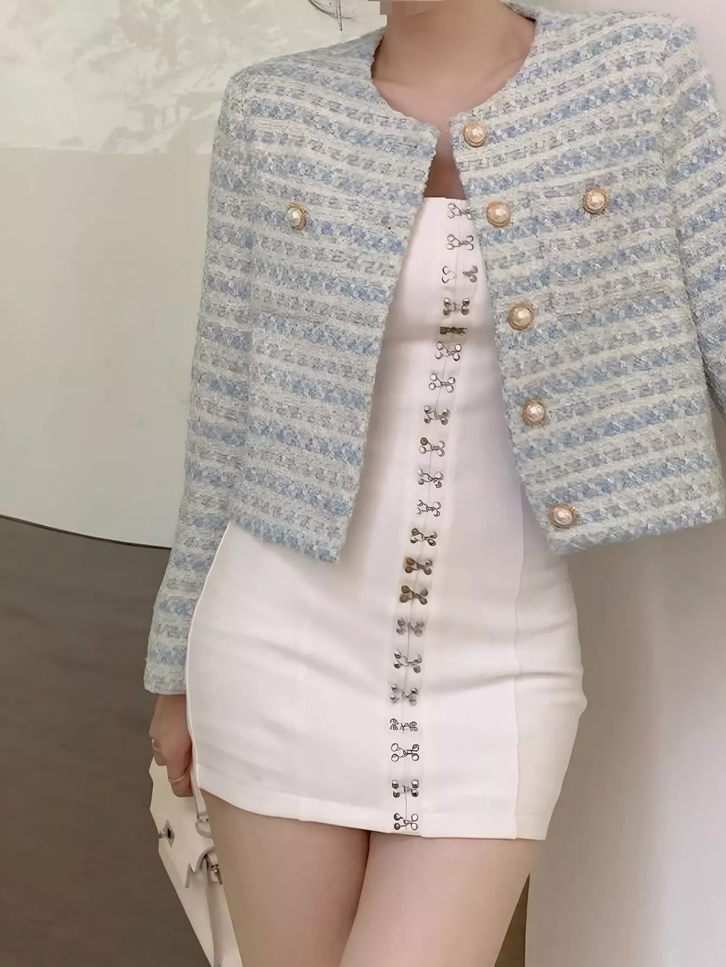 Button Up Cropped Tweed Outerwear