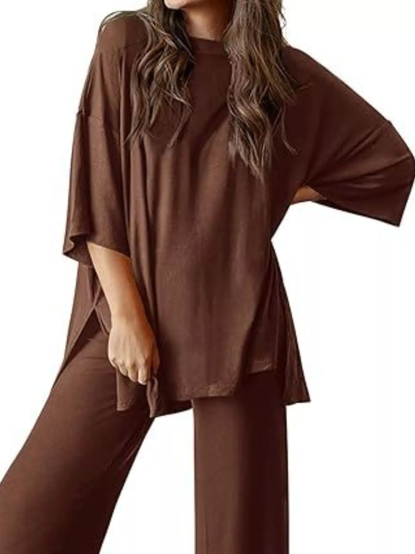 Relaxed Fit Round Neck Top and Pants Two-Piece Set