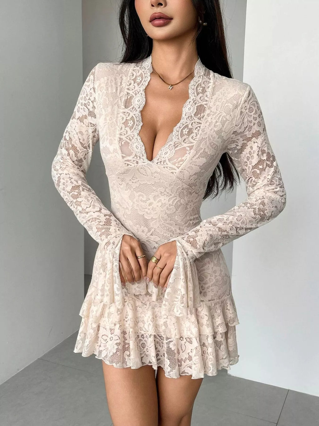 Lace Ruffle Hem Mini Dress