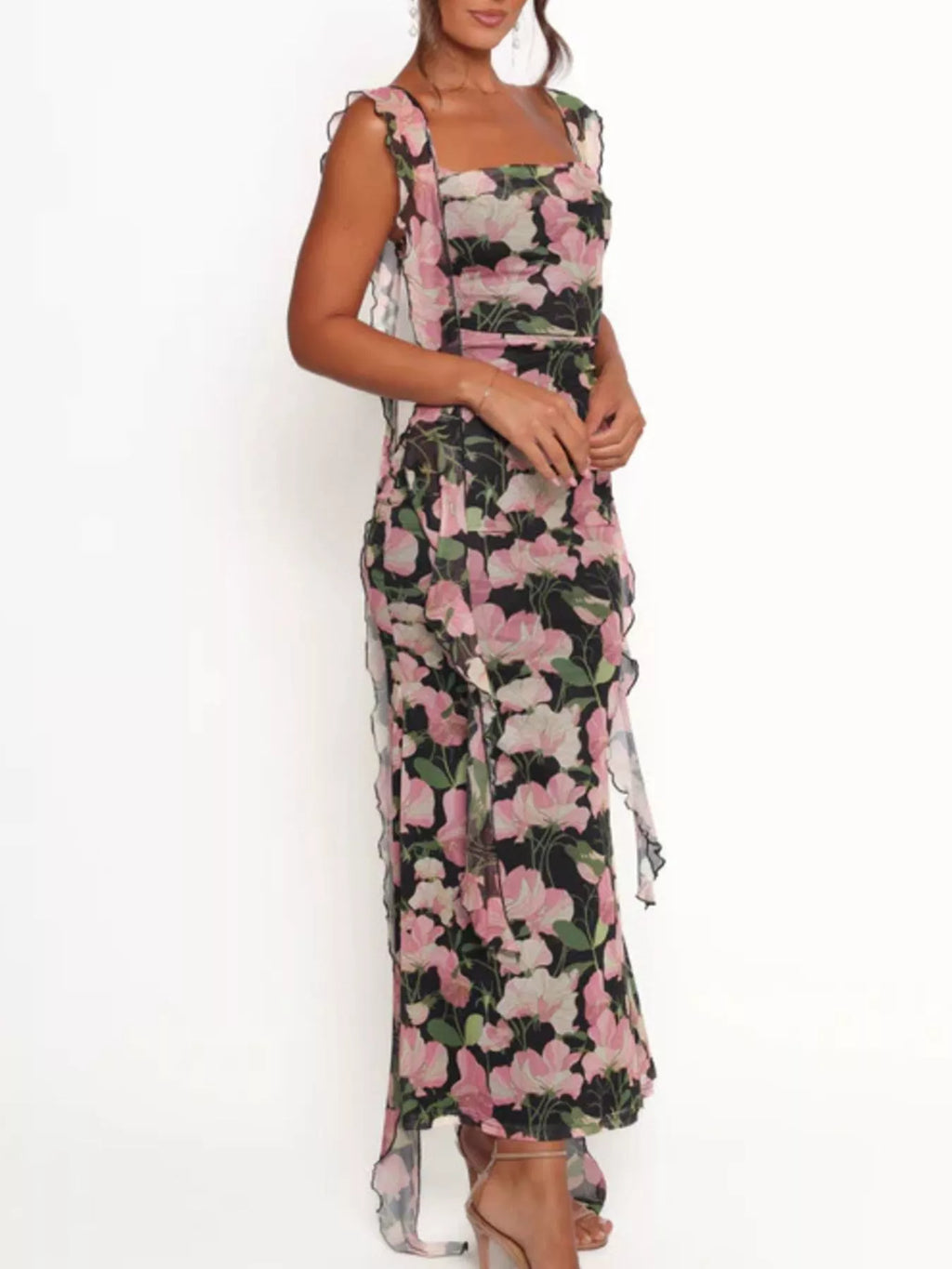 Floral Print Ruffle Trim Bodycon Maxi Dress