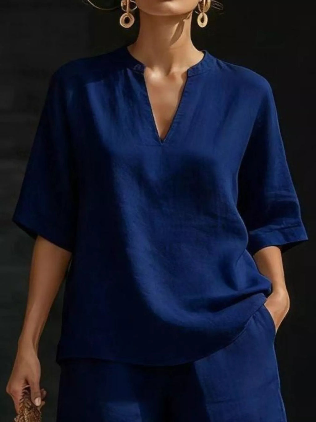 Full Size Notched Half Sleeve Top and Shorts Set Plus Size
