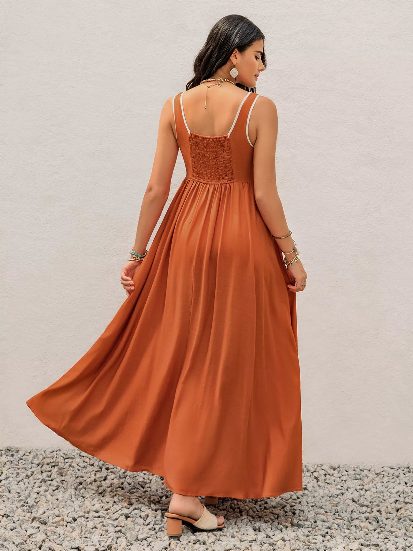 Contrast Trim Lace-Up Maxi Tank Dress
