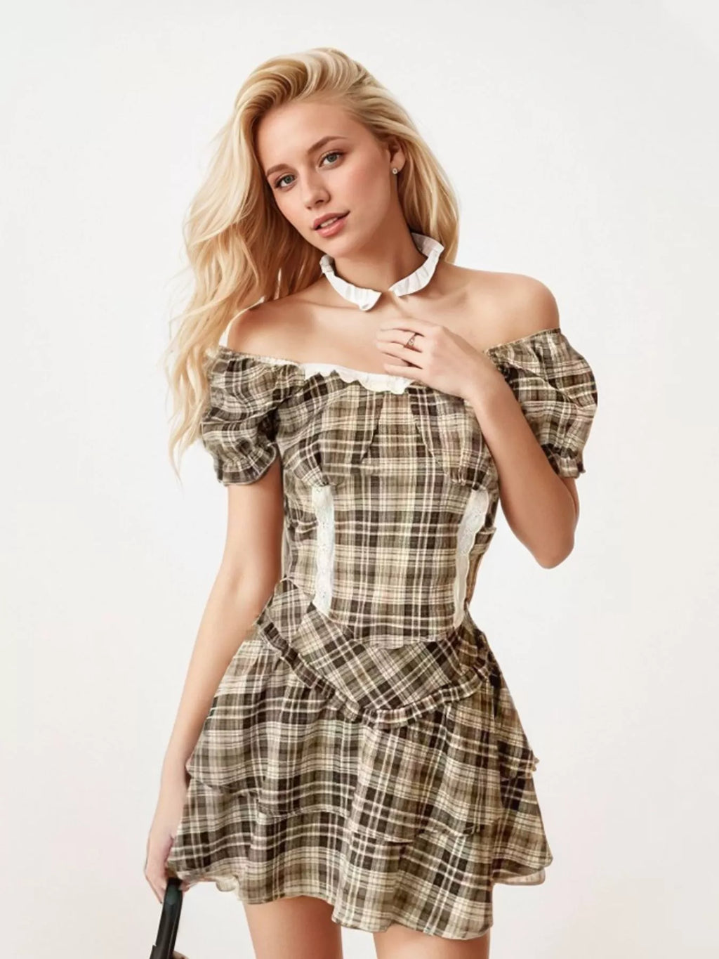 Plaid Puff Sleeve Top and Skirt Set
