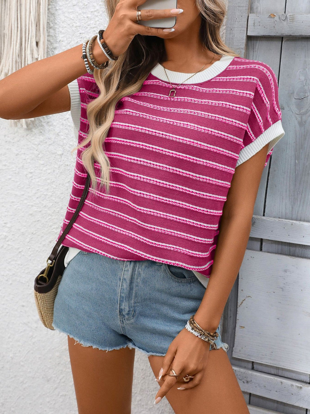 Striped Round Neck Short Sleeve Sweater