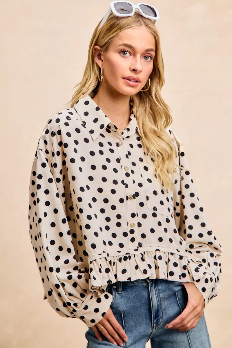 BiBi Crinkle Polka Dot Ruffled Hem Button Up Shirt Top