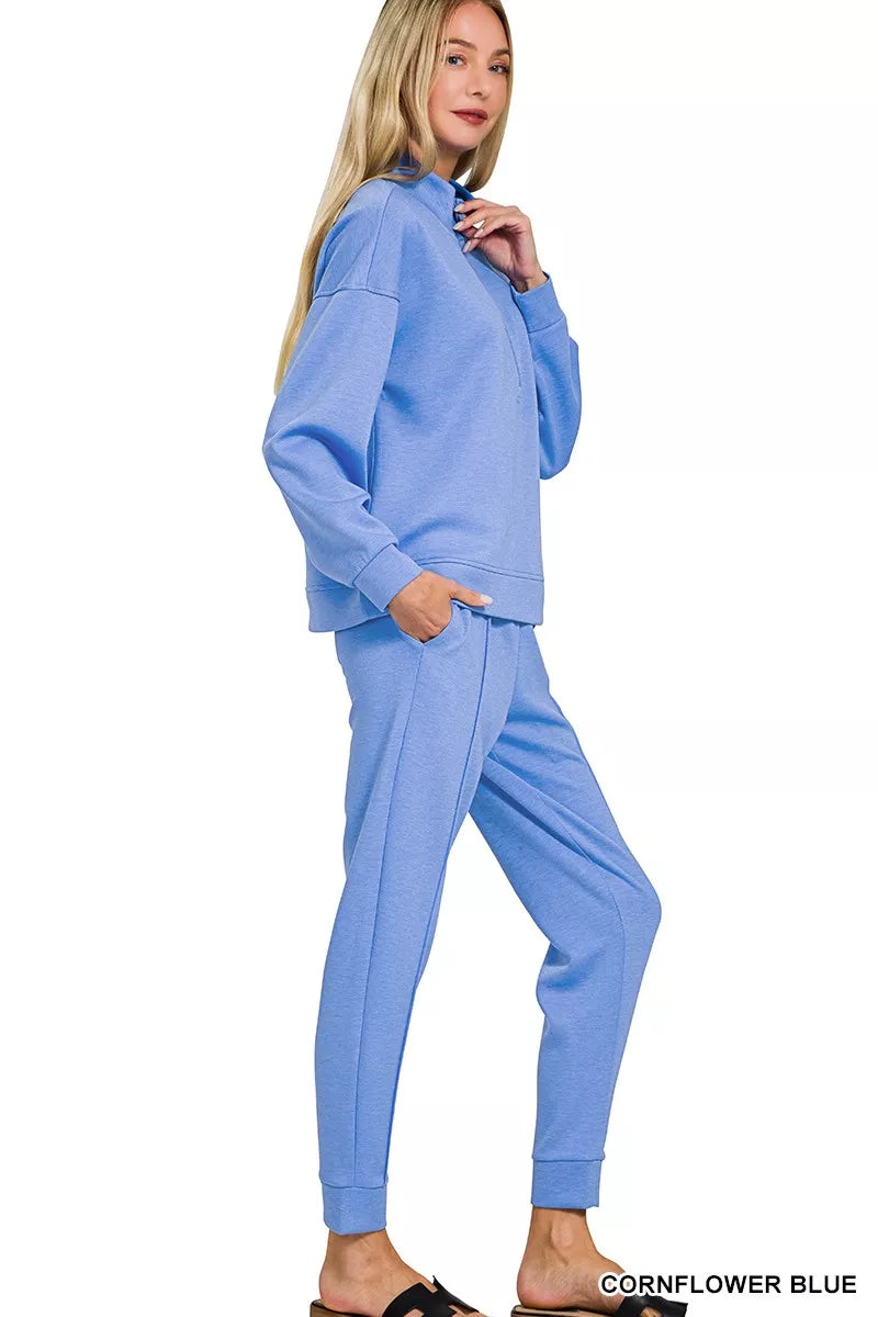Zenana Scuba Half Zip Pullover and Jogger Set