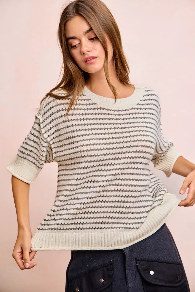 BiBi Stripes Short Sleeves Rib Banded Outseam Knit Top