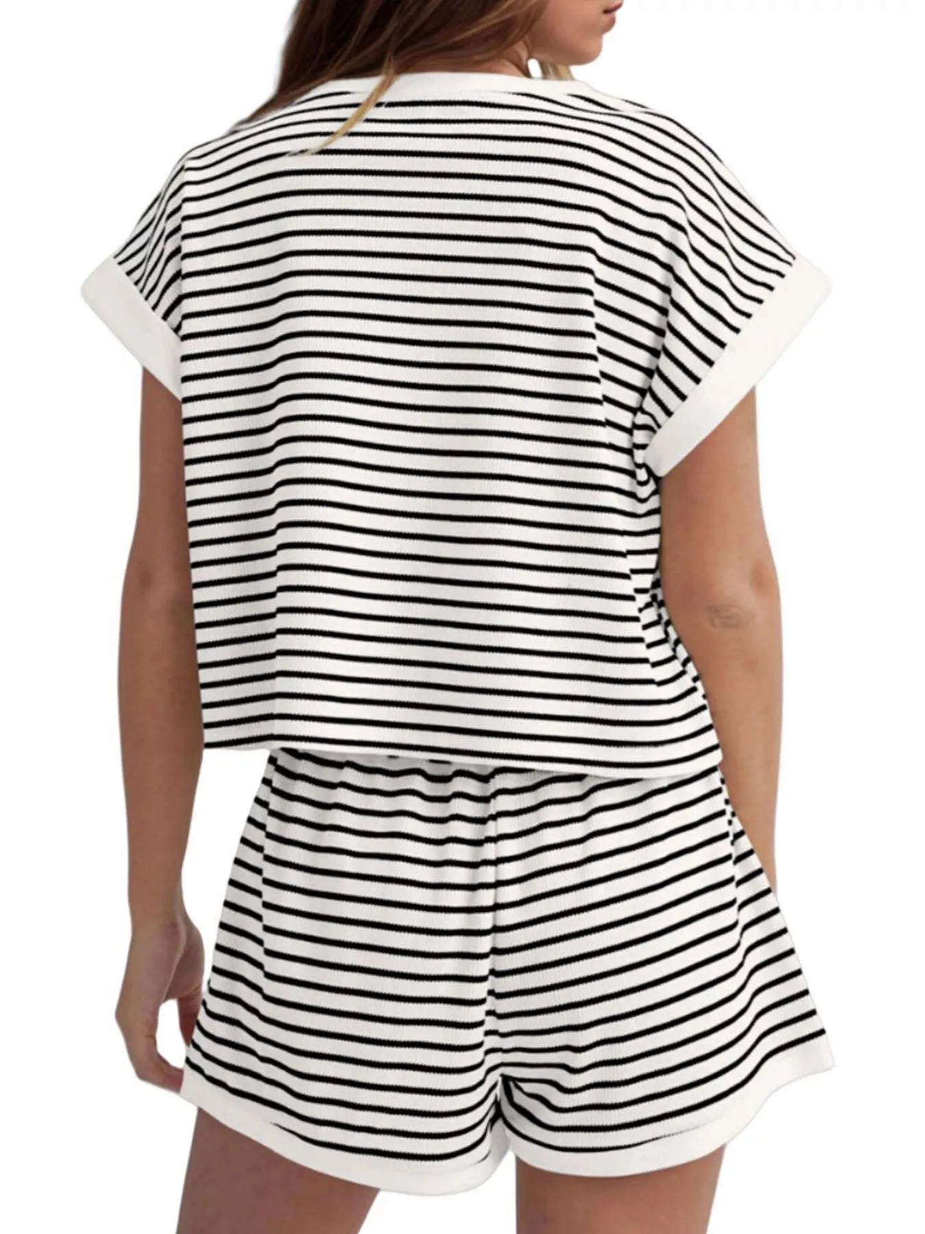 Full Size Striped Round Neck Top and Shorts Set Plus Size