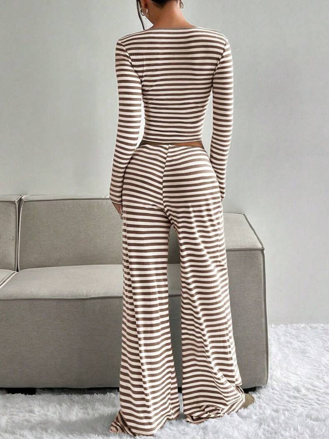 Striped Long Sleeve Crop Top & Wide Leg Pants Set