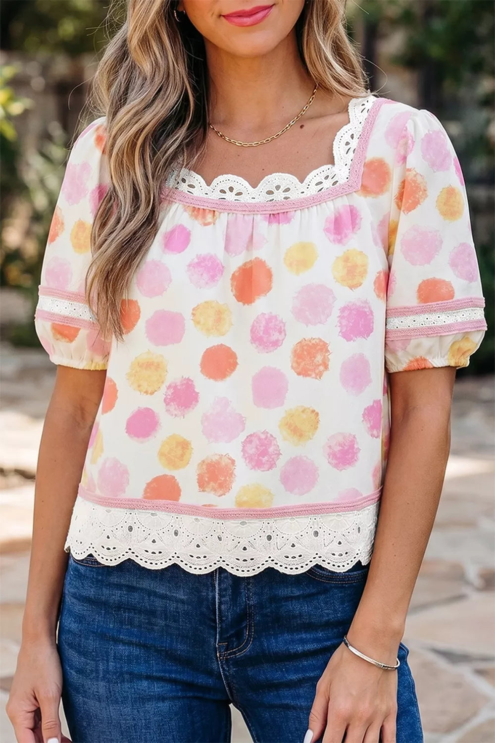 Polka Dot Lace Trim Square Neck Puff Sleeve Blouse