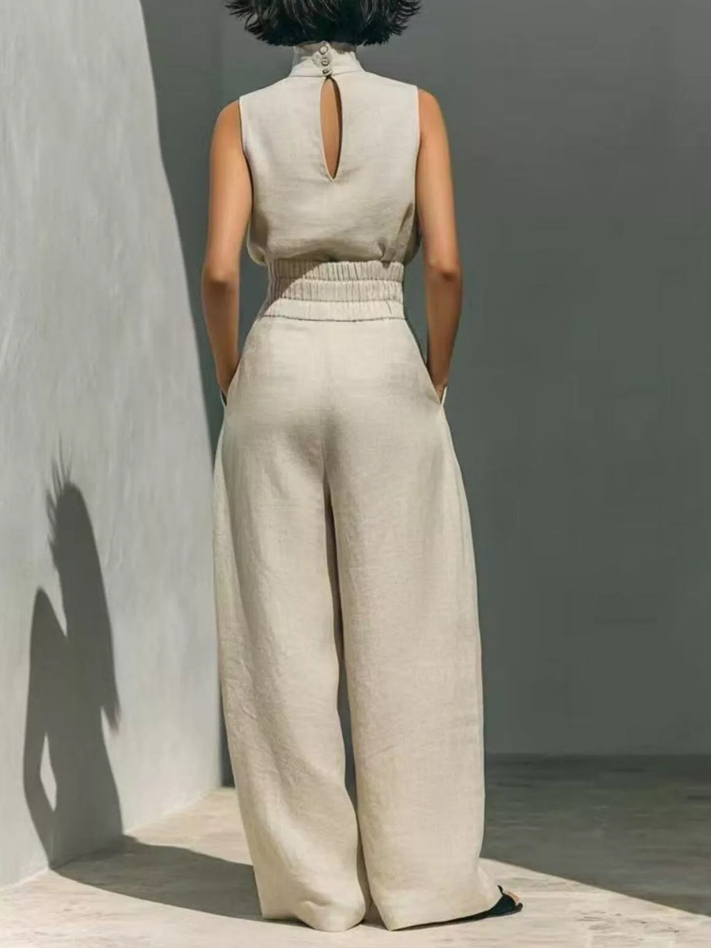 High Neck Sleeveless Top and Wide Leg Pants Set