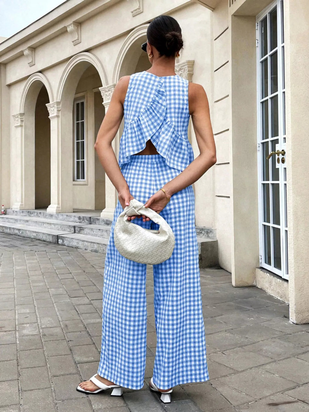 Gingham Sleeveless Top and Wide Leg Pants Set