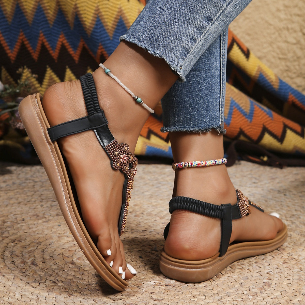 Bohemian Beaded Thong Sandals with Elastic Ankle Strap