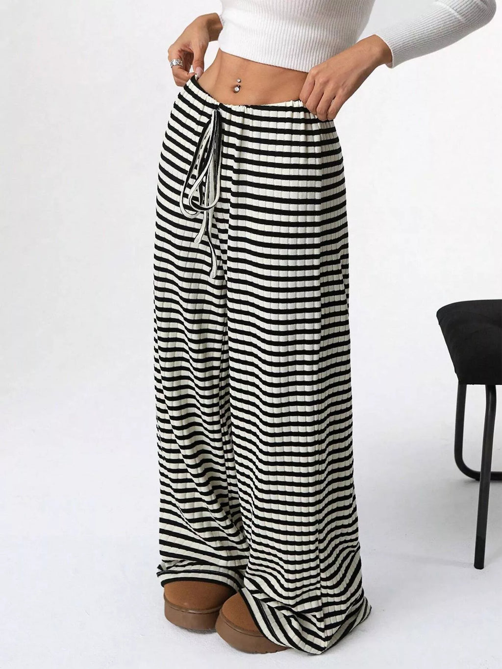 Striped Ribbed Knit Drawstring Waist Wide Leg Pants