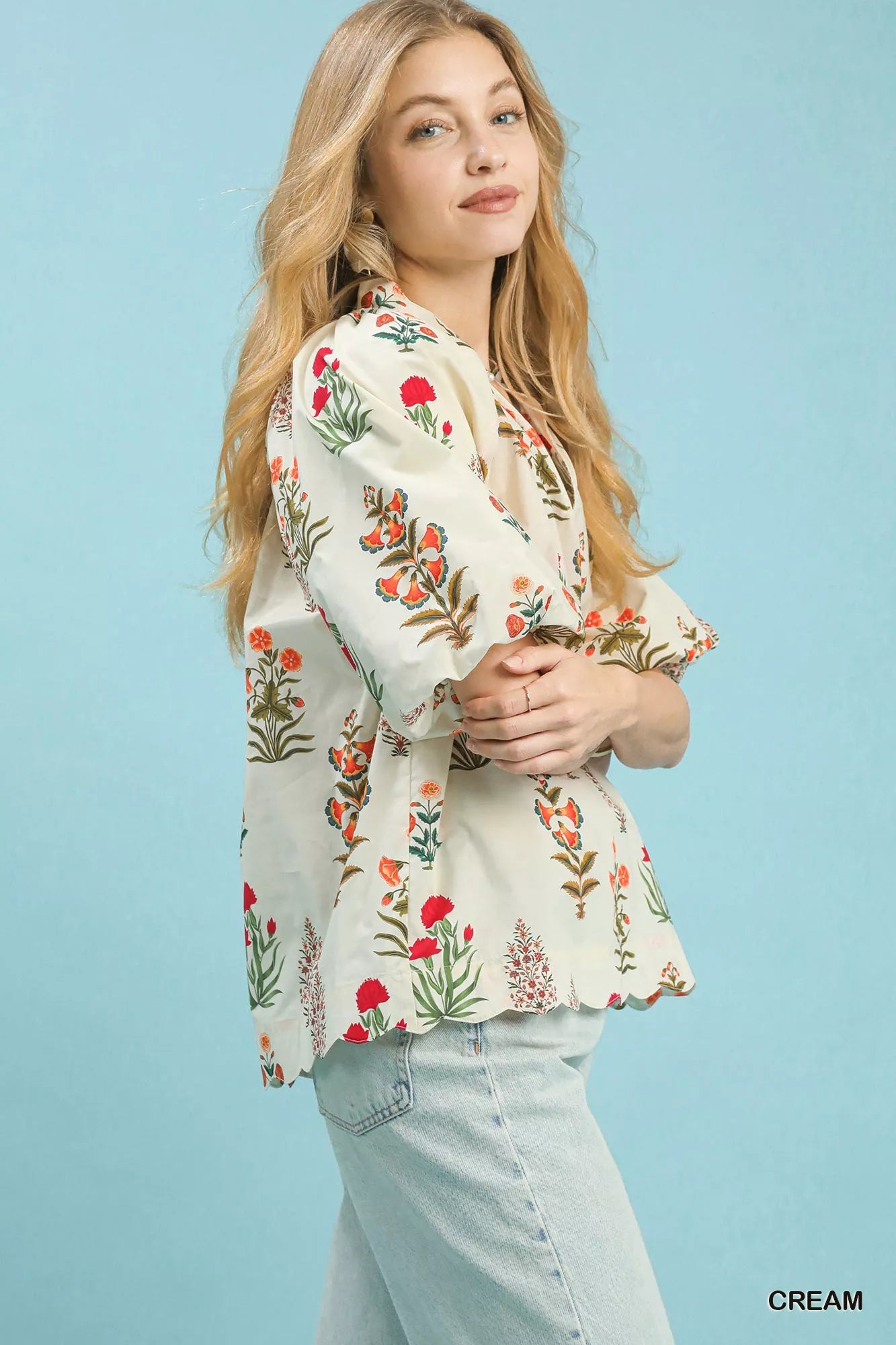 Umgee Floral Print Puff Sleeve Scallop Hem Blouse