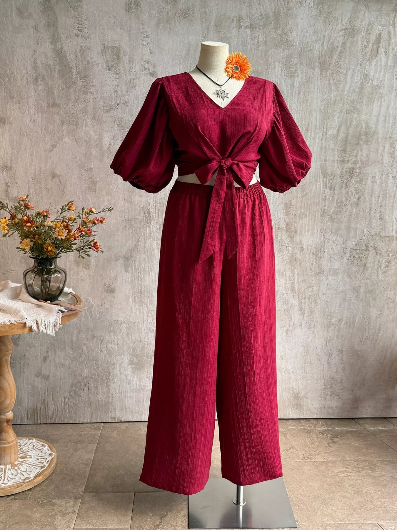 Plus Size Tie-Front Puff Sleeve Top and Wide-Leg Pants Set