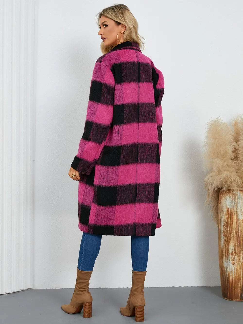 Plaid Double-Breasted Long Sleeve Coat