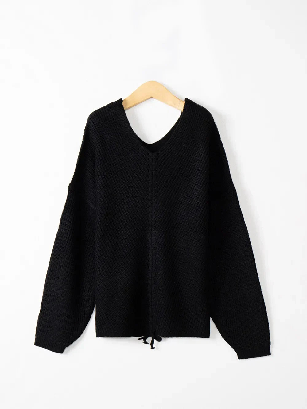 Full Size Lace Up V-Neck Long Sleeve Sweater