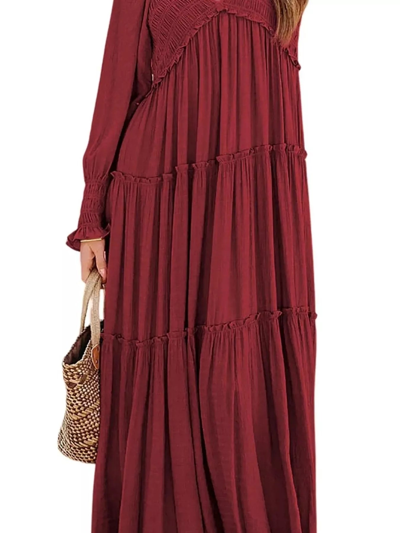 V-Neck Long Sleeve Tiered Maxi Dress