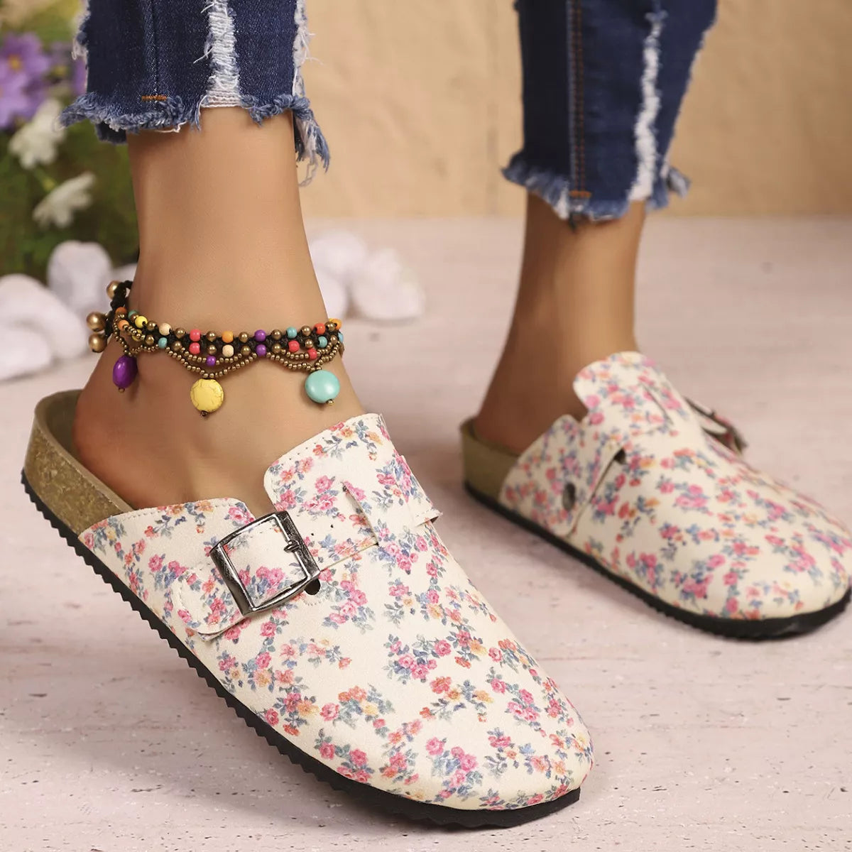 Floral Print Buckle Decor Slip-Ons