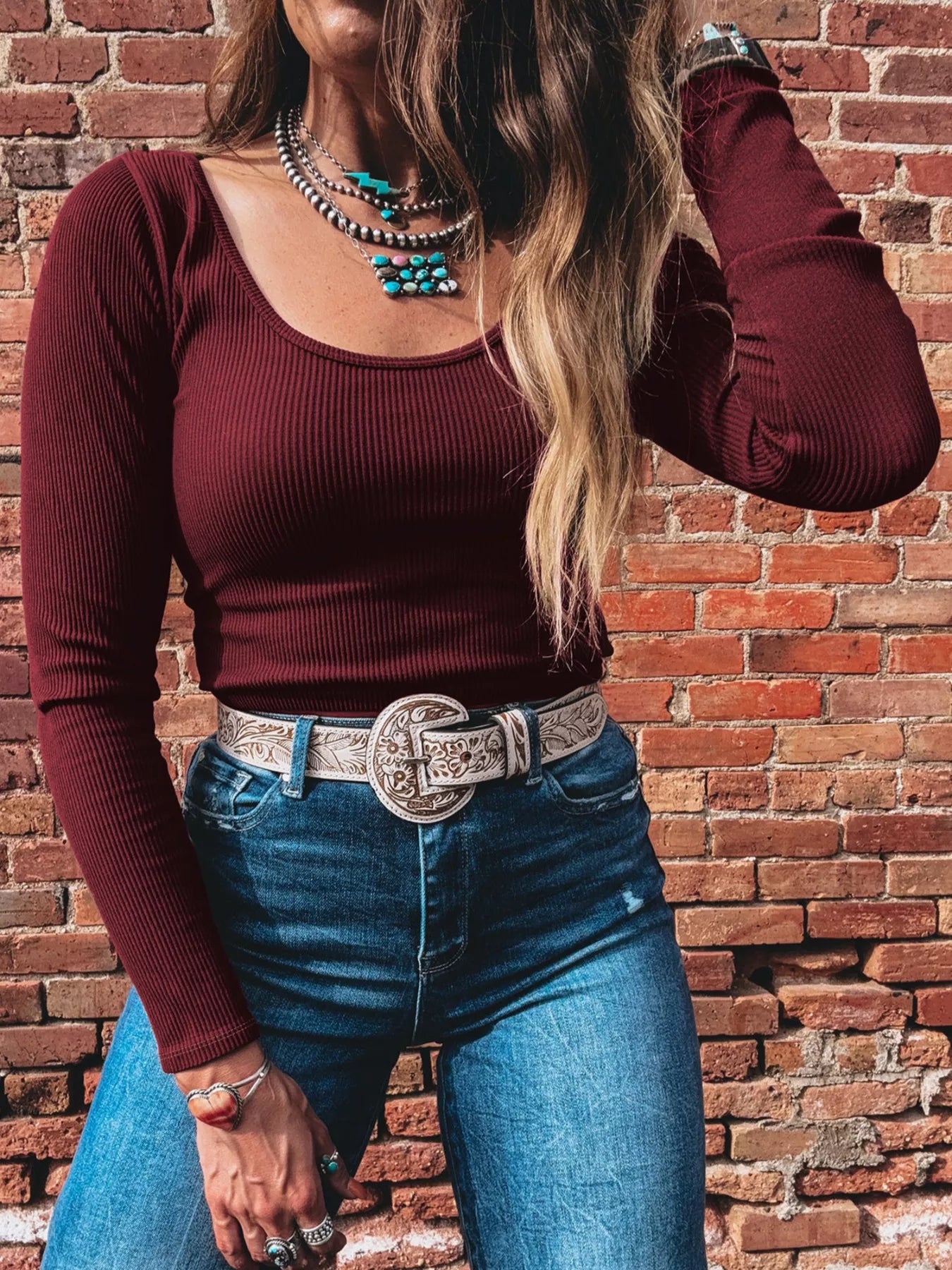 Ribbed Knit Long Sleeve Fitted T-Shirt
