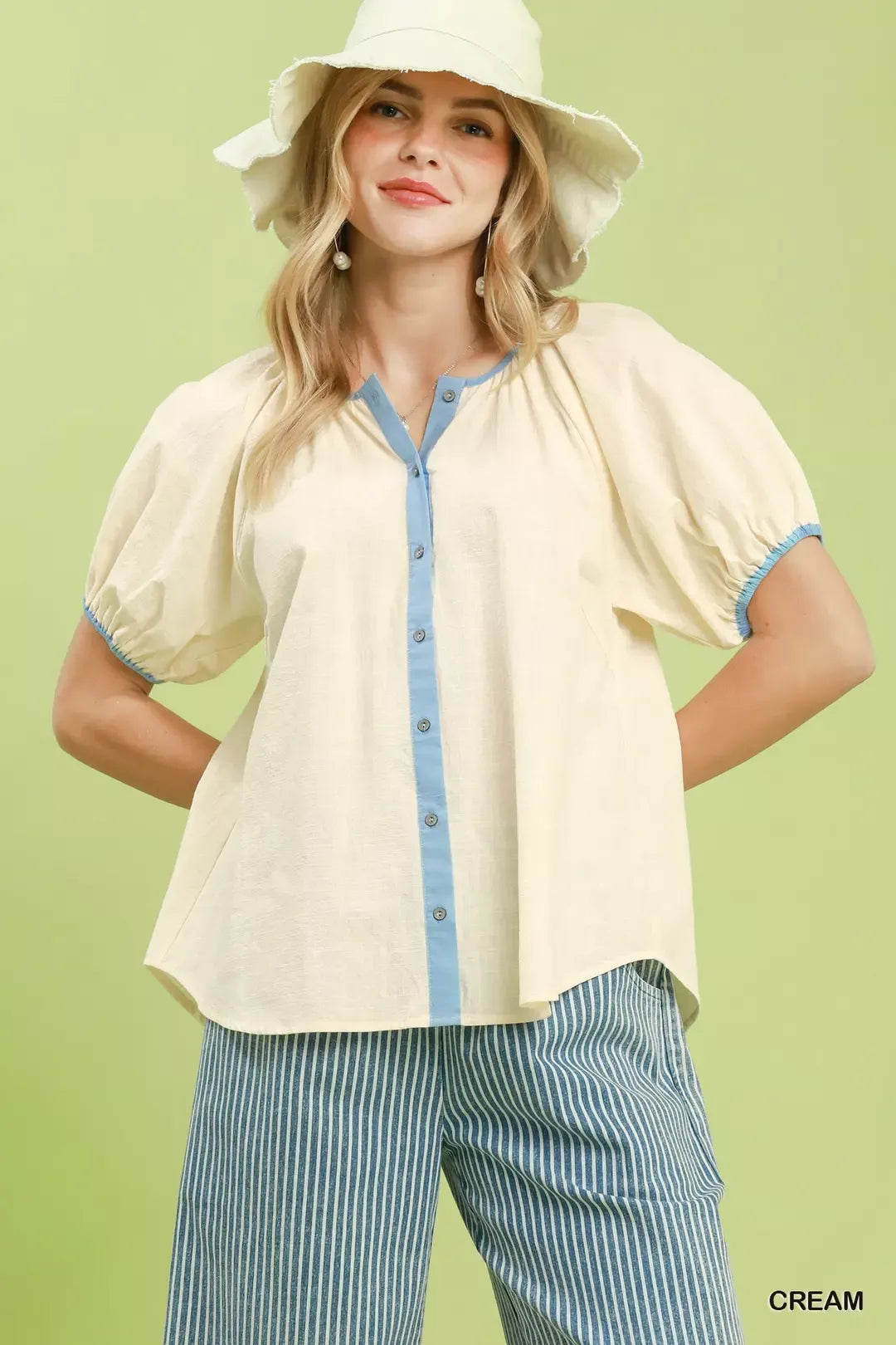 Umgee Contrast Trim Button Front Puff Sleeve Blouse